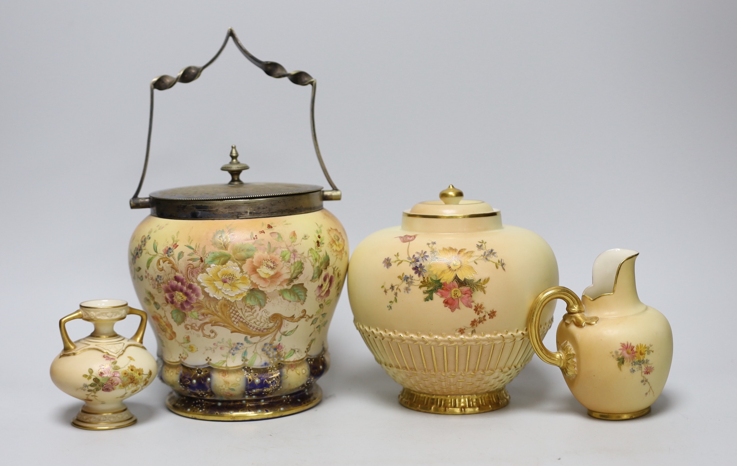 Three Royal Worcester blush vessels and a Carltonware biscuit barrel